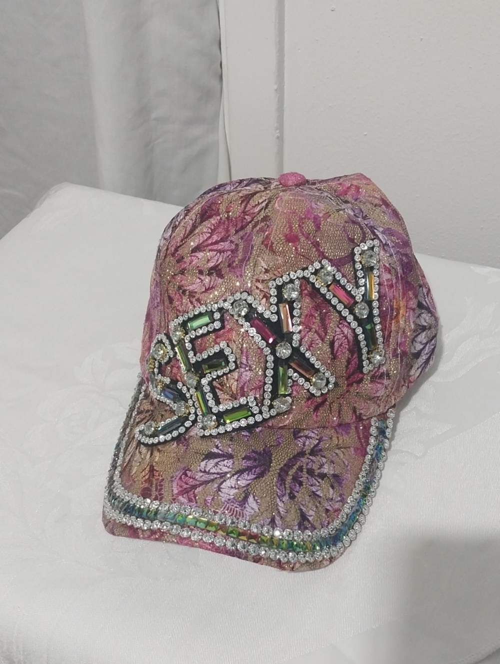 Embellished Pink Floral 'SEXY' Rhinestone Baseball Cap